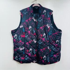 Lane Bryant Womens Puffer Vest Full Zip BLack Floral Pockets Zip Front Sz 26/28